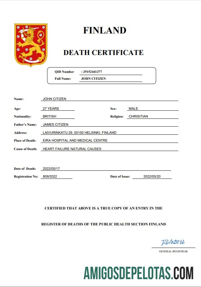 Realista modelo Word e PDF de certidão de óbito da Finlândia